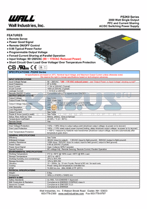 PS2K0 datasheet - 2000 Watt Single Output PFC and Current Sharing AC/DC Switching Power Supply