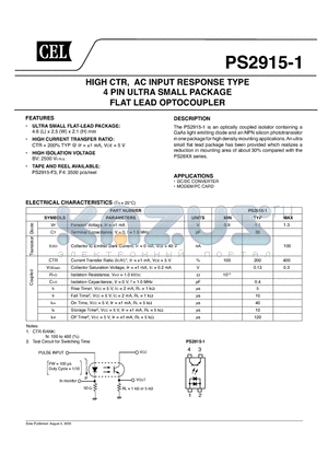 PS2915-1-F3-A datasheet - HIGH CTR, AC INPUT RESPONSE TYPE 4 PIN ULTRA SMALL PACKAGE FLAT LEAD OPTOCOUPLER