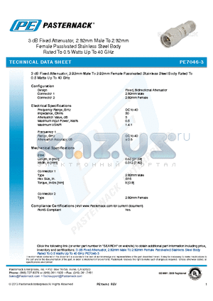 PE7046-3 datasheet - 3 dB Fixed Attenuator, 2.92mm Male To 2.92mm Female Passivated Stainless Steel Body Rated To 0.5 Watts Up To 40 GHz