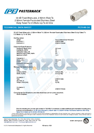 PE7046-30 datasheet - 30 dB Fixed Attenuator, 2.92mm Male To 2.92mm Female Passivated Stainless Steel Body Rated To 0.5 Watts Up To 40 GHz