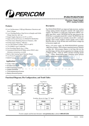 PS302 datasheet - Precision, Single-Supply SPST Analog Switches