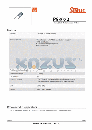 PS3072 datasheet - Through-hole Phototransistor/v3 Type