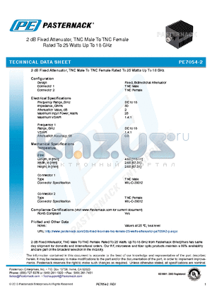 PE7054-2 datasheet - 2 dB Fixed Attenuator, TNC Male To TNC Female Rated To 25 Watts Up To 18 GHz