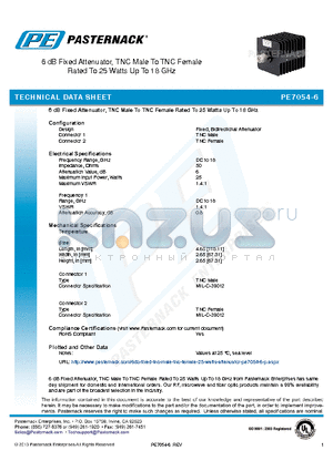 PE7054-6 datasheet - 6 dB Fixed Attenuator, TNC Male To TNC Female Rated To 25 Watts Up To 18 GHz