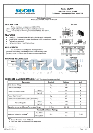 SMG1330N datasheet - 2.0A , 30V , RDS(ON) 58 m N-Channel Enhancement Mode MOSFET