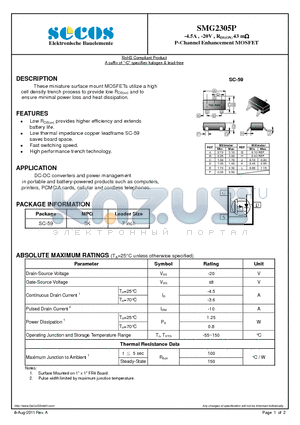 SMG2305P_1108 datasheet - -4.5A , -20V , RDS(ON) 43 m P-Channel Enhancement MOSFET