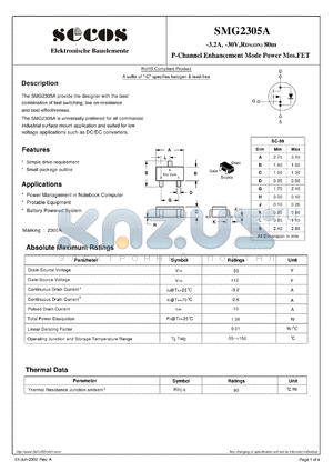 SMG2305A datasheet - P-Channel Enhancement Mode Power Mos.FET