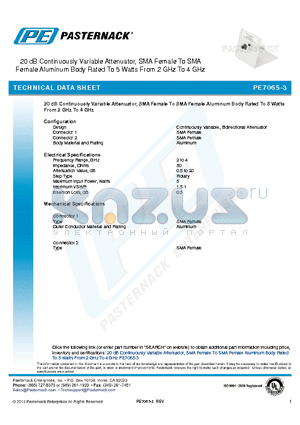 PE7065-3 datasheet - 20 dB Continuously Variable Attenuator, SMA Female To SMA Female Aluminum Body Rated To 5 Watts From 2 GHz To 4 GHz