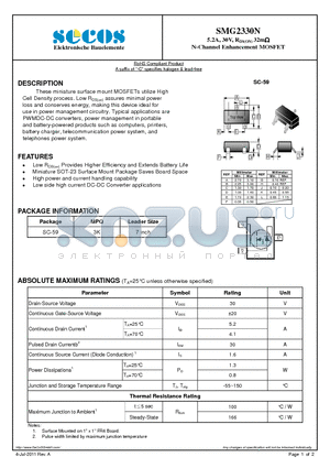 SMG2330N datasheet - 5.2A, 30V, RDS(ON) 32m N-Channel Enhancement MOSFET