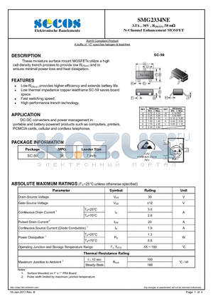 SMG2334NE datasheet - 3.5A , 30V , RDS(ON) 58 m N-Channel Enhancement MOSFET