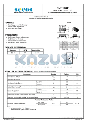 SMG2391P datasheet - -0.9A , -150V , RDS(ON) 1.2 P-Channel Enhancement Mode MOSFET