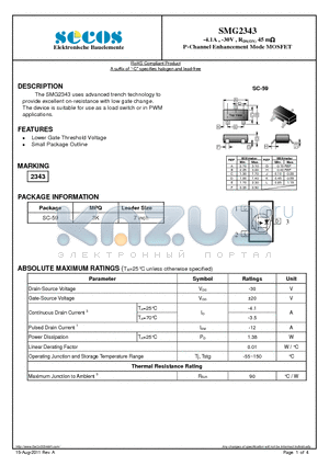SMG2343 datasheet - -4.1A , -30V , RDS(ON) 45 m P-Channel Enhancement Mode MOSFET