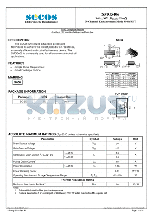 SMG5406 datasheet - 3.6A , 30V , RDS(ON) 65 m N-Channel Enhancement Mode MOSFET