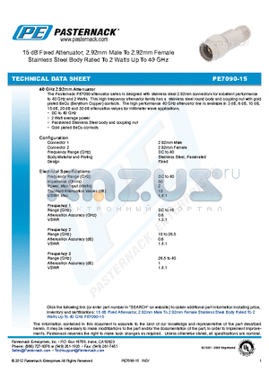 PE7090-15 datasheet - 15 dB Fixed Attenuator, 2.92mm Male To 2.92mm Female Stainless Steel Body Rated To 2 Watts Up To 40 GHz