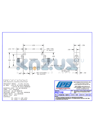 PE7110 datasheet - SMA FEMALE,COAXIAL SWITCH FREQUENCY RANGE: 12GHz to 18 GHz SWITCH TYPE:SPST