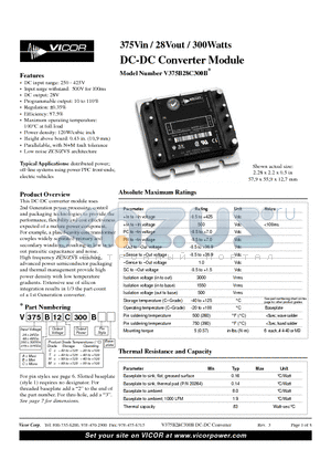 V375A28C300B datasheet - 375Vin / 28Vout / 300Watts DC-DC Converter Module