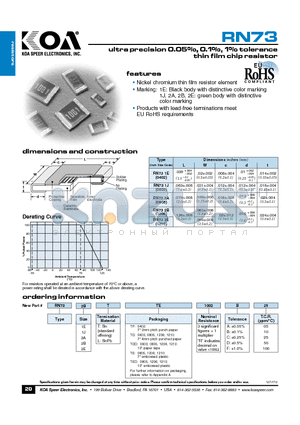 RN732BTTE1002B25 datasheet - ultra precision 0.05%, 0.1%, 1% tolerance thin film chip resistor