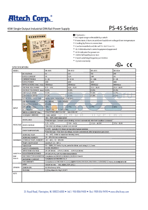 PS45_1 datasheet - 45W Single Output Industrial DIN Rail Power Supply