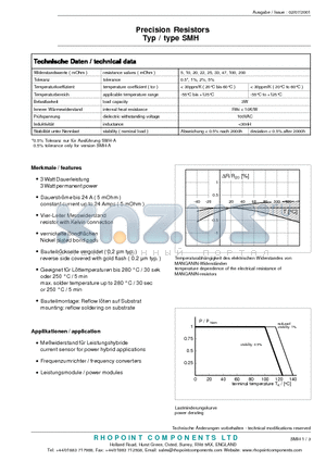 SMH-B-100-1.0 datasheet - Precision Resistors