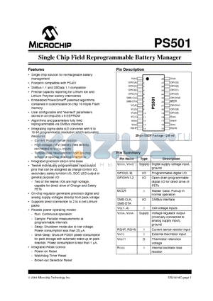 PS501 datasheet - Single Chip Field Reprogrammable Battery Manager
