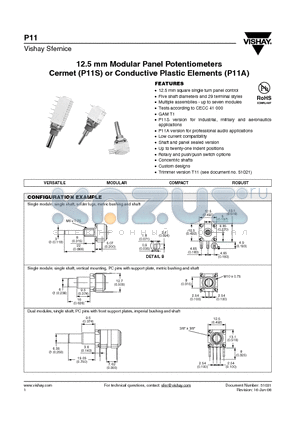 P11A2Q0EASY00103MA datasheet - 12.5 mm Modular Panel Potentiometers Cermet (P11S) or Conductive Plastic Elements (P11A)