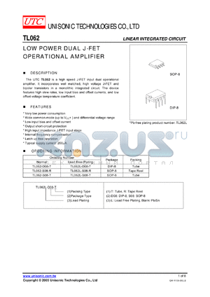 TL062-S08-T datasheet - LOW POWER DUAL J-FET OPERATIONAL AMPLIFIER