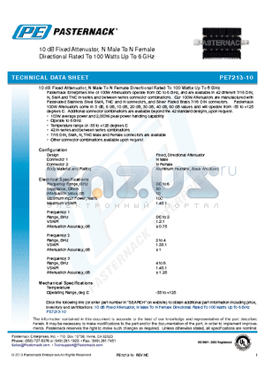 PE7213-10 datasheet - 10 dB Fixed Attenuator, N Male To N Female Directional Rated To 100 Watts Up To 6 GHz