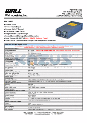 PS600S-P048 datasheet - 600 Watt Single Output PFC and Current Sharing AC/DC Switching Power Supply