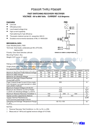 PS606R datasheet - FAST SWITCHING RECOVERY RECTIFIER(VOLTAGE - 50 to 800 Volts CURRENT - 6.0 Amperes)