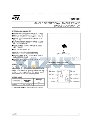 TSM100 datasheet - SINGLE OPERATIONAL AMPLIFIER AND SINGLE COMPARATOR