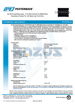 PE7219-20 datasheet - 20 dB Fixed Attenuator, 7/16 DIN Female To SMA Male Directional Rated To 100 Watts Up To 6 GHz