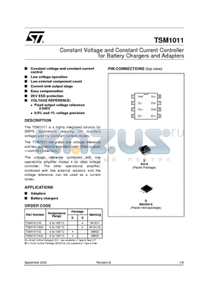 TSM1011ID datasheet - Constant Voltage and Constant Current Controller for Battery Chargers and Adapters