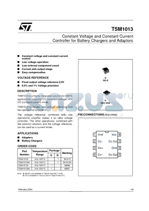 TSM1013 datasheet - Constant Voltage and Constant Current Controller for Battery Chargers and Adaptors