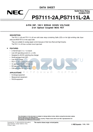 PS7111-2A datasheet - 8-PIN DIP, 100 V BREAK DOWN VOLTAGE 2-ch Optical Coupled MOS FET