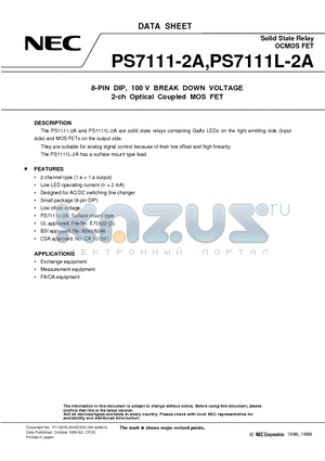 PS7111L-2A datasheet - 8-PIN DIP, 100 V BREAK DOWN VOLTAGE 2-ch Optical Coupled MOS FET