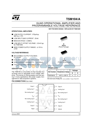 TSM104A datasheet - QUAD OPERATIONAL AMPLIFIER AND PROGRAMMABLE VOLTAGE REFERENCE