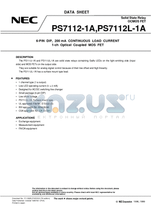 PS7112L-1A-E3 datasheet - 6-PIN DIP, 200 mA CONTINUOUS LOAD CURRENT 1-ch Optical Coupled MOS FET