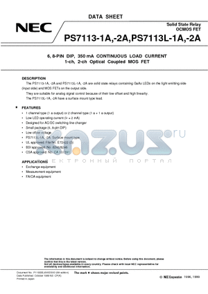 PS7113L-1A-E3 datasheet - 6, 8-PIN DIP, 350 mA CONTINUOUS LOAD CURRENT 1-ch, 2-ch Optical Coupled MOS FET