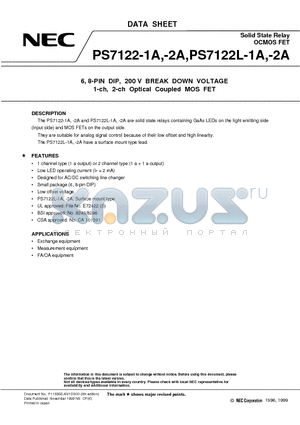 PS7122-1A datasheet - 6, 8-PIN DIP, 200 V BREAK DOWN VOLTAGE 1-ch, 2-ch Optical Coupled MOS FET