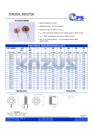 P11T0152-100-2.4 datasheet - TOROIDAL INDUCTOR