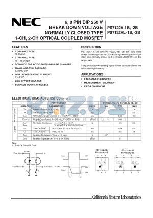 PS7122AL-2B datasheet - 6, 8 PIN DIP 250 V BREAK DOWN VOLTAGE NORMALLY CLOSED TYPE 1-CH, 2-CH OPTICAL COUPLED MOSFET