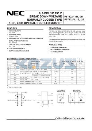 PS7122AL-1B datasheet - 6, 8 PIN DIP 250 V BREAK DOWN VOLTAGE NORMALLY CLOSED TYPE 1-CH, 2-CH OPTICAL COUPLED MOSFET