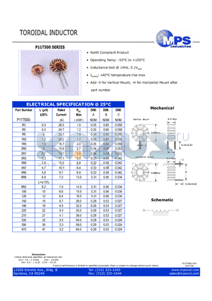 P11T500 datasheet - TOROIDAL INDUCTOR