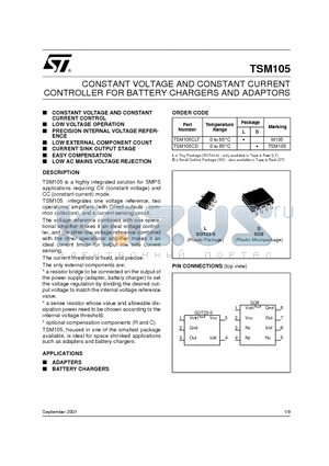 TSM105CD datasheet - CONSTANT VOLTAGE AND CONSTANT CURRENT CONTROLLER FOR BATTERY CHARGERS AND ADAPTORS