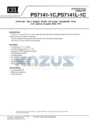 PS7141-1C-A datasheet - 8-PIN DIP, 400 V BREAK DOWN VOLTAGE, TRANSFER TYPE 2-ch Optical Coupled MOS FET