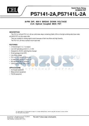 PS7141-2A-A datasheet - 8-PIN DIP, 400 V BREAK DOWN VOLTAGE 2-ch Optical Coupled MOS FET