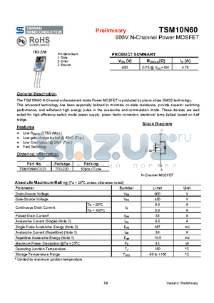 TSM10N60 datasheet - 600V N-Channel Power MOSFET