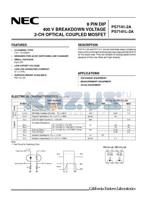 PS7141L-2A datasheet - 8 PIN DIP 400 V BREAKDOWN VOLTAGE 2-CH OPTICAL COUPLED MOSFET