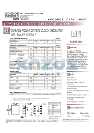 SMH54RA-20.00MHZ datasheet - 3.3V SURFACE MOUNT CRYSTAL CLOCK OSCILLATOR WITH ENABLE / DISABLE