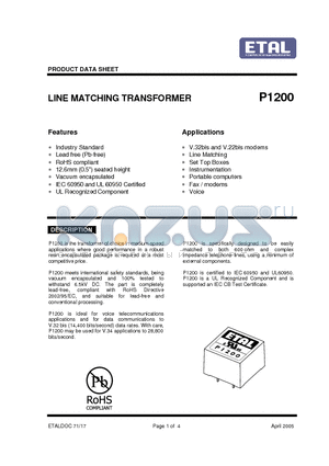 P1200 datasheet - LINE MATCHING TRANSFORMER